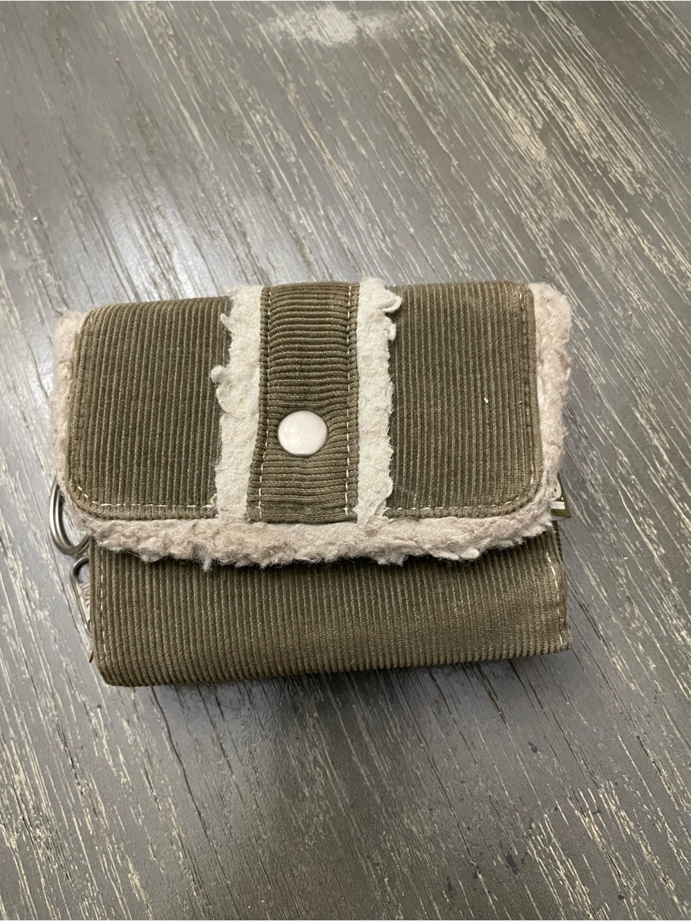 lei Olive Corduroy Fold Wallet with Cream Sherpa Trim